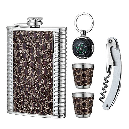 YWQ Stainless Steel 8 oz Hip Flask, Bonus 2 Shot Glass+1 Flask Funnel+1Giftbox+1 Corkscrew+1 Compass- Everything You Need to Pour Shots on the Go