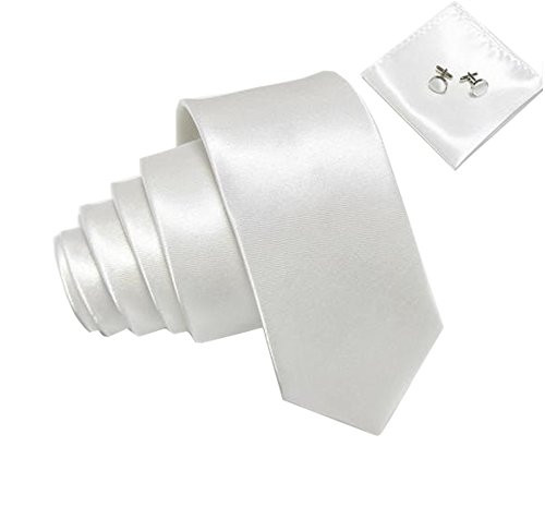 Kingsquare Solid Color Mens Tie Pocket Square and Cufflinks matching set White