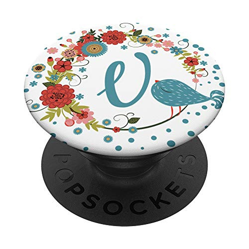 Letter V Gift Retro Floral Monogram Initial V PopSockets Grip and Stand for Phones and Tablets