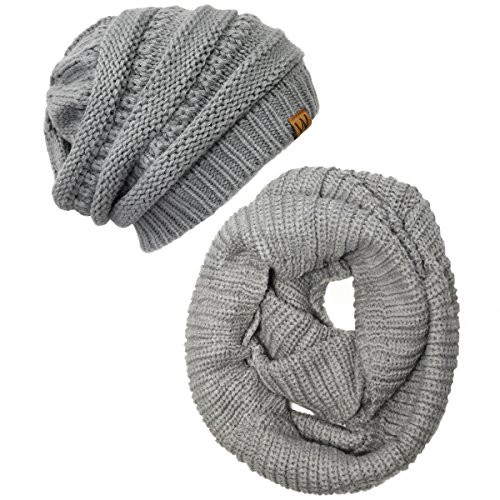 Wrapables Winter Warm Knitted Infinity Scarf and Beanie Hat Set Light Gray