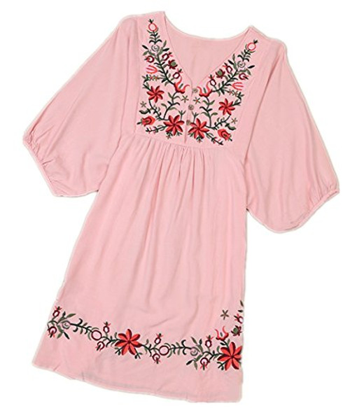 Kafeimali Summer Dress V Neck Mexican Embroidered Peasant Womens Dressy Tops Blouses Pink