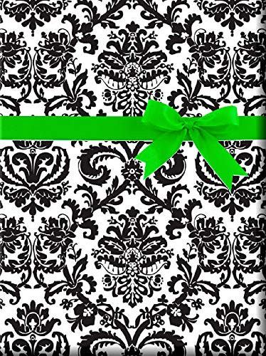 Black and White Flourish Flowers Gift Wrap Wrapping Paper-12ft Flat Folded Sheet w. Gift Tags