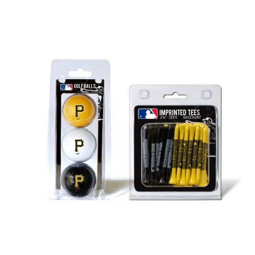 Team Golf MLB Pittsburgh Pirates Logo Imprinted Golf Balls 3 Count  and  2-34inch Regulation Golf Tees 50 Count Multi Colored