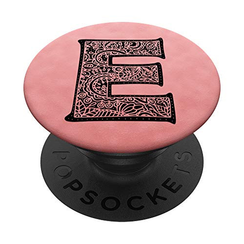 Letter E Initial Monogram Rose Pink Blush Black Paisley PopSockets Grip and Stand for Phones and Tablets