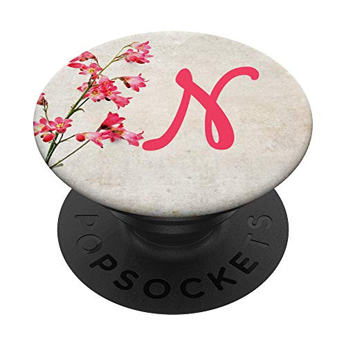 Letter N Phone Gift Elegant Pink Floral Monogram Initial N PopSockets Grip and Stand for Phones and Tablets