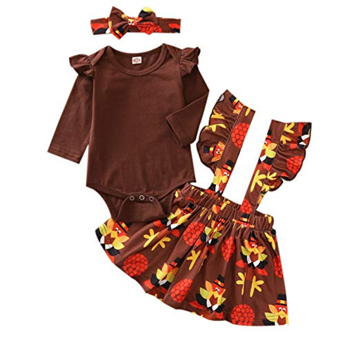 Thanksgiving Day Outfit Baby Girls Thanksgiving Clothes Long Sleeve Ruffle Shirt Top Turkey Suspender Skirt Headband 3PCS Turkey plus Round 3-6 Months