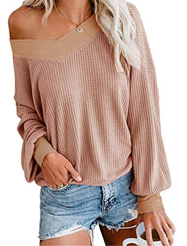 UGET Womens V Neck Long Sleeve Waffle Knit Top Off Shoulder Oversized Pullover Slouchy Sweater Pink X-Large