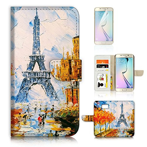 (for Samsung S7 Edge, Galaxy S7 Edge) Flip Wallet Style Case Cover, Shock Protection Design with Screen Protector - A31077 Eiffel Tower