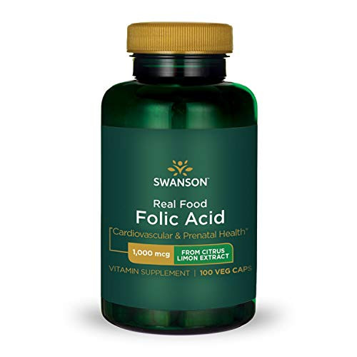 Swanson Real Food Folic Acid Folate Vitamin B-9 Cardiovascular Prenatal Health from Citrus Limon Extract Vegan Gluten-Free Non-GMO B9 1000 mcg 100 Veggie Capsules Caps