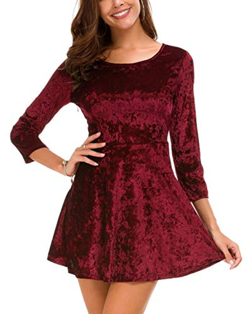 DGMYG Womens 34 Sleeve Round Velvet Skater Casual Swing Flared Short Mini Dress M Wine DGMYG Womens 34 Sleeve Round Velvet Skater Casual Swing Flared Short Mini Dress M Wine