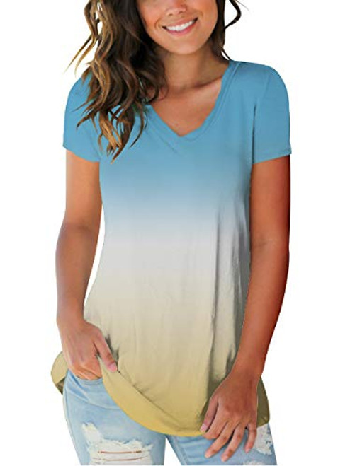 Womens Polo Short Sleeve Summer Tops Spring V Neck Tee Shirts Ombre Blue L