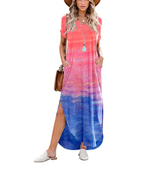 Womens Short Sleeve V Neck Dress Tie Dye Side Split Maxi Dresses with Pockets