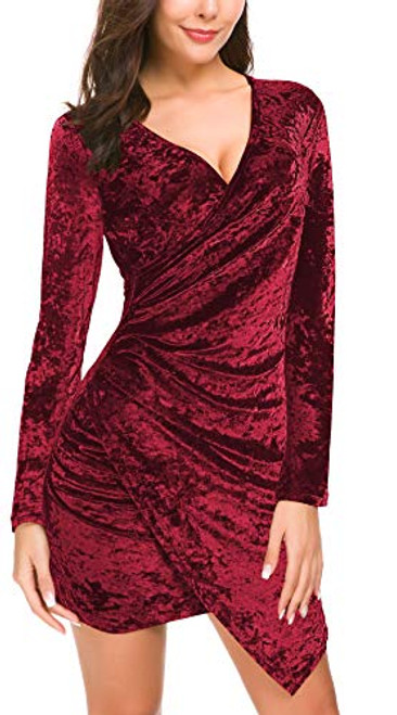 DGMYG Womens Wrap V Neck Velvet Dress Long Sleeve A line Bodycon Slim Cocktail Party Dresses M Wine DGMYG Womens Wrap V Neck Velvet Dress Long Sleeve A line Bodycon Slim Cocktail Party Dresses M Wine