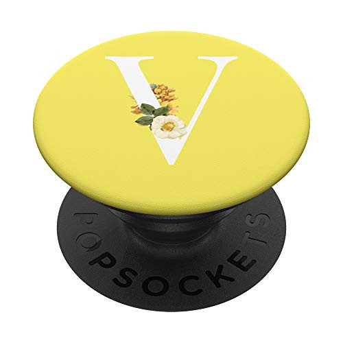 Yellow White Monogram Letter Floral Initial V PopSockets PopGrip Swappable Grip for Phones  and  Tablets