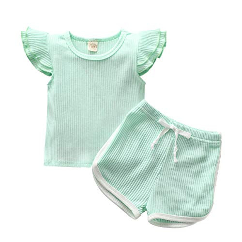 Toddler Girl Outfits Summer Green Cotton Girls Round Neck T Shirts Short Sleeve Top and Shorts