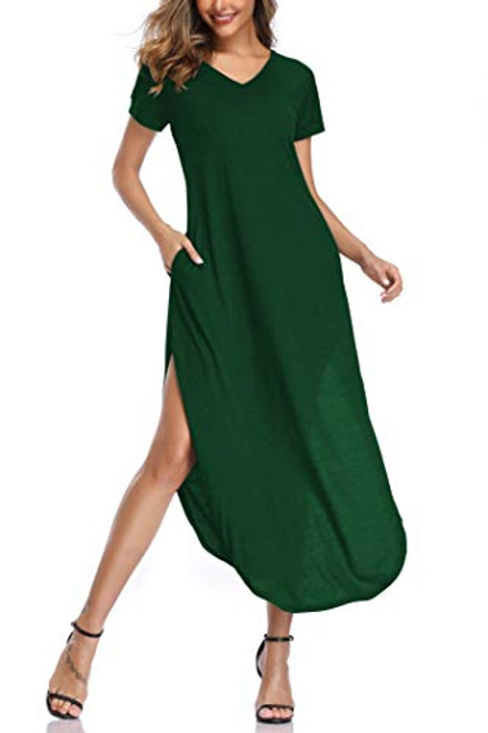oten Women Casual Split Maxi Dress Short Sleeves V Neck Loose Pocket Long Dress XXXL Dark Green oten Women Casual Split Maxi Dress Short Sleeves V Neck Loose Pocket Long Dress XXXL Dark Green