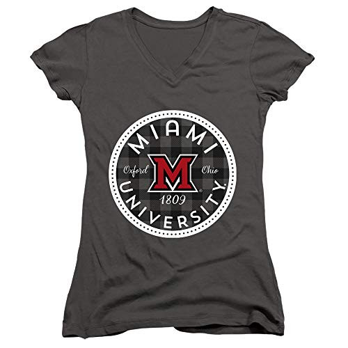 Miami University Official Plaid Badge Redhawks Juniors Sheer Fitted V-Neck T Shirt Charcoal X-Large