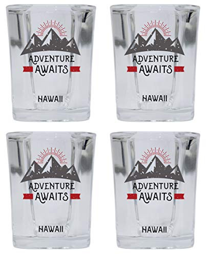 H?Na Hawaii Souvenir 2 Ounce Square Base Liquor Shot Glass Adventure Awaits Design 4-Pack