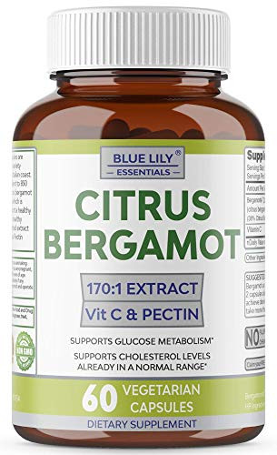 Blue Lily Citrus Bergamot Concentrated 1701 Extract with VIT C  and  Pectin. 60 Vegan Caps 500 mg Plant Sterols Polyphenols Bioflavonoids. Supports Healthy Cholesterol Blood Sugar Within Normal Range