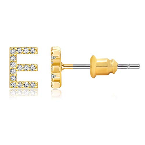 14K Gold Plated Initial Earrings Cubic Zirconia Tiny Letter E Earrings Personalized Small CZ Stud Earrings for Women Girls
