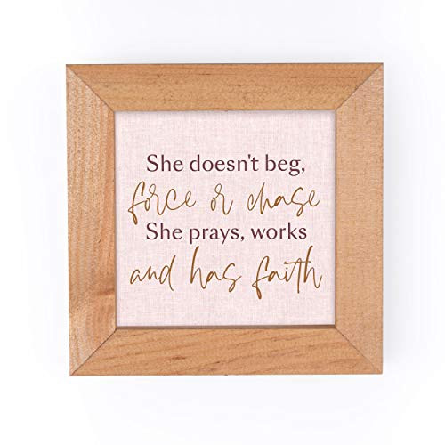 P. Graham Dunn Pray Work Have Faith Pink Linen 5 x 5 Pine Wood Decorative Fawn Framed Art Sign