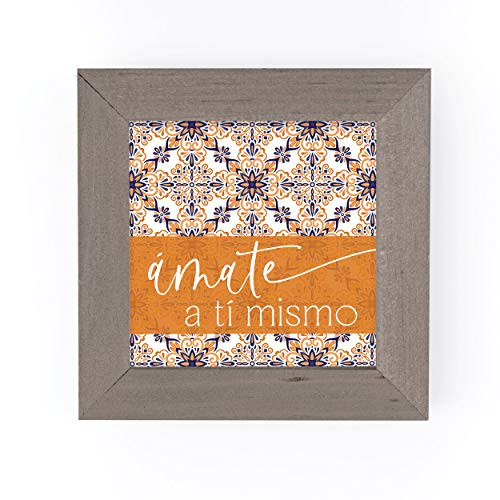 P. Graham Dunn Amate A Ti Mismo Floral Orange 5 x 5 Pine Wood Driftwood Framed Art Sign