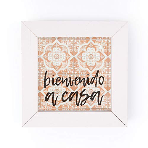 P. Graham Dunn Bienvenido A Casa Peach Quatrefoil 5 x 5 Pine Wood White Framed Art Sign
