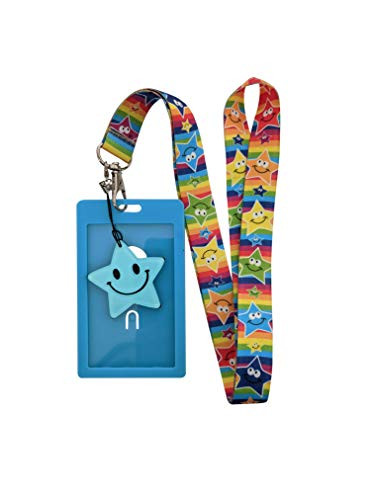 Smiley Face Star Print Lanyards wID Badge Holder and Charm Blue