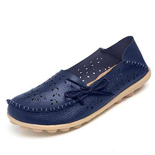 DUOYANGJIASHA Womens Leather Loafers Slip On Flats Casual Round Toe Moccasins Wild Breathable Comfortable Driving Fashion Soft Shoes Darkblue