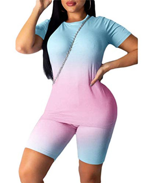 Women 2 Piece Tracksuit Sports Lounge Outfits Short Sleeve Top High Waist Bodycon Shorts Set L