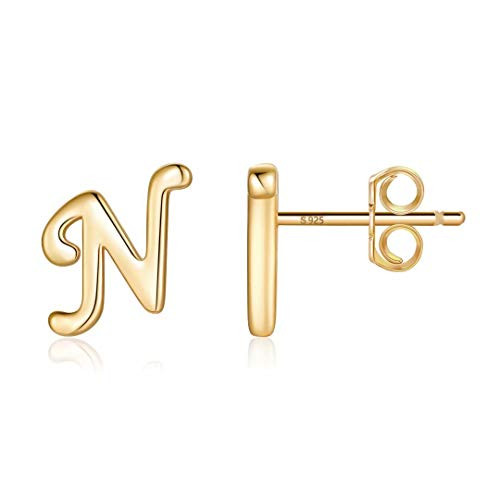 S925 Sterling Silver Stud Earrings for Women Gold Plated Initial Letter N Earrings Stud Hypoallergenic Earrings for Girls Sensitive Ears Minimalist Dainty Gift Jewelry for Women Teen Girls Birthday