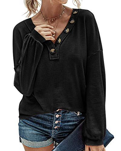 Women Long Sleeve Casual Tees Waffle Knit Shirts V-Neck Slouchy Loose Blouses Plain Faux Button Pullover Black-XXL