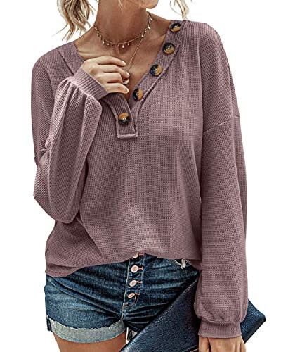 Women Long Sleeve Casual Tees Waffle Knit Shirts V-Neck Slouchy Loose Blouses Plain Faux Button Pullover Purple-L