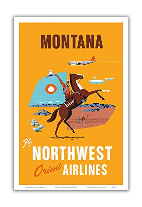 Montana - Fly Northwest Orient Airlines - Cowboy on Horseback - Vintage Airline Travel Poster c.1950s - Master Art Print 12in x 18in