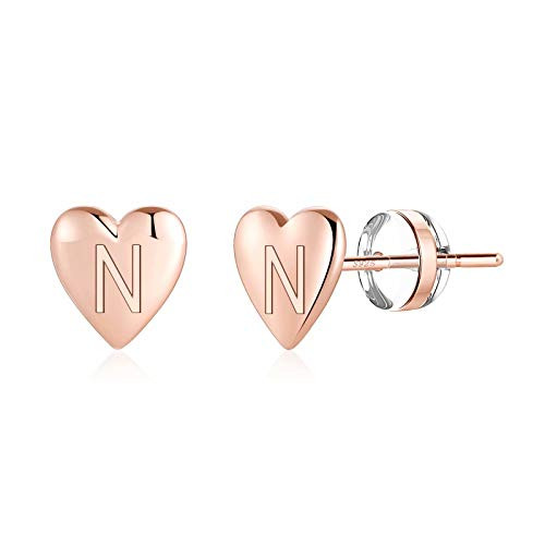 Rose Gold Heart Initial Earrings for Girls S925 Sterling Silver Post Rose Gold Stud Earrings Small Letter N Initial Hypoallergenic Earrings for Women Jewelry Gifts Toddler Kids Earrings for Girls