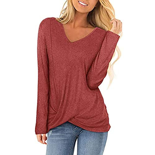 Women Twist Knot Tops Long Sleeve Shirt Fall Winter V Neck Tunic Top Casual Blouse Red Large Women Twist Knot Tops Long Sleeve Shirt Fall Winter V Neck Tunic Top Casual Blouse Red Large