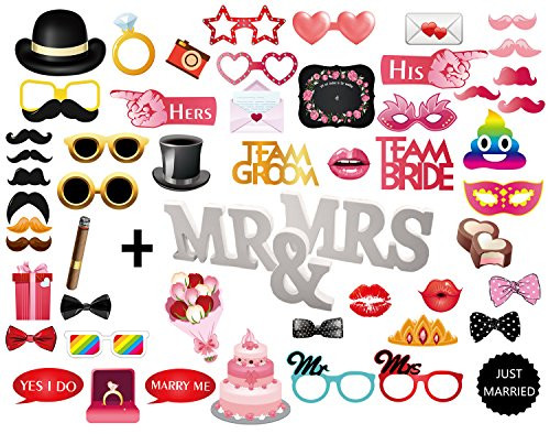 MOT Global 52 PCS Wedding Photo Booth Props with Wooden Mr & Mrs Table Signfor Wedding Party Decoration Supplies