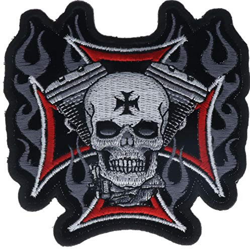 V Twin Cross Motor with Skull and Flames 4inch Embroidered Patch HTL1830k2