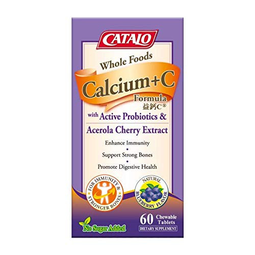 CATALO Whole Foods Calcium plus C Formula with Active Probiotics  and  Acerola Cherry Extract 60 Chewable Tablets