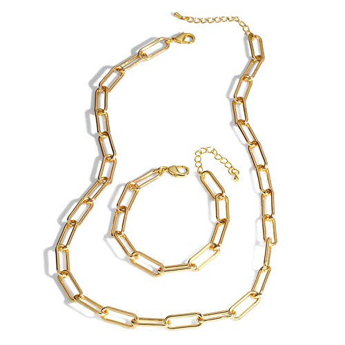 NQ 18K Gold Silver Plated Chunky Chain Choker Necklace Bracelet for Women Girls Punk Geometric Oval Link Paperclip Punk Jewelry Set-A Gold NQ 18K Gold Silver Plated Chunky Chain Choker Necklace Bracelet for Women Girls Punk Geometric Oval Link Paperclip Punk Jewelry Set-A Gold