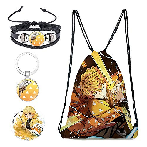 Demon Slayer Drawstring Bag Gift Set Demon Slayer Kimetsu No Yaiba Gift Set for Anime Fans Include 1 Backpack 1 Buttons 1 Keychain and 1 Bracelet Color E-2