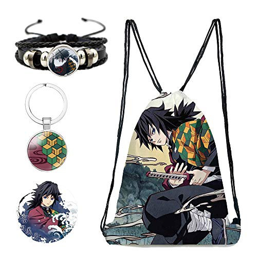Demon Slayer Drawstring Bag Gift Set Demon Slayer Kimetsu No Yaiba Gift Set for Anime Fans Include 1 Backpack 1 Buttons 1 Keychain and 1 Bracelet Color H