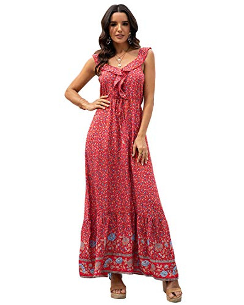 LANISEN Summer Beach Dresses for Women 2019Sleeveless Floral Ruffles V Neck Casual Beach Long Sun Dress Empire Waist Cotton Cocktail Party Maxi Dress Red-Floral S