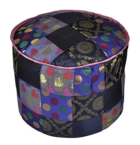 Lalhaveli Patchwork Silk Round Designer Floor Cushion Cover Ottoman 17 X 17 X 13 Inches