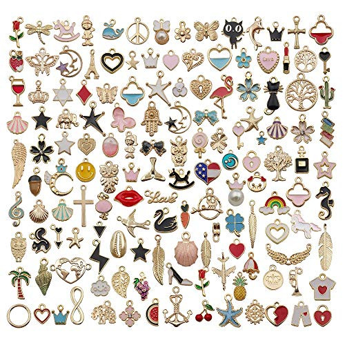 WOCRAFT 110pcs Assorted Gold Plated Enamel Animals Fruit Moon Star Dainty Dangle Flowers Pendants Charms for Jewelry Making Necklace Bracelet with 200pcs Jumprings M381