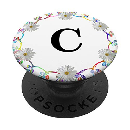 Cell Phone Pop Out HolderFloral White Daisy Flower Letter C PopSockets Grip and Stand for Phones and Tablets