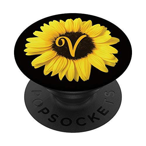 Cute Yellow Sunflower Flower Monogram with Letter V PopSockets PopGrip Swappable Grip for Phones  and  Tablets