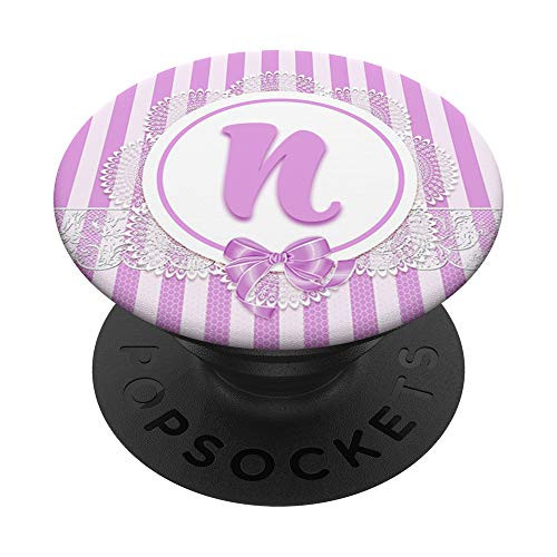 Cute N Letter Monogram Initial Purple Stripes Lace Victorian PopSockets Grip and Stand for Phones and Tablets