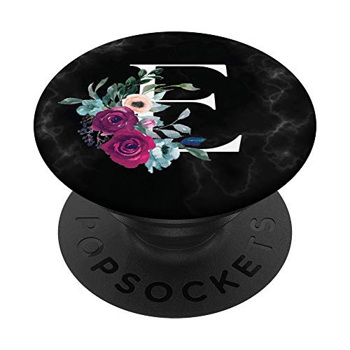 Black Purple Floral Monogram Name Initial Letter E PopSockets Grip and Stand for Phones and Tablets