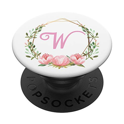 Pink Floral Wreath Monogram Initial Letter W Phone Grip PopSockets Grip and Stand for Phones and Tablets